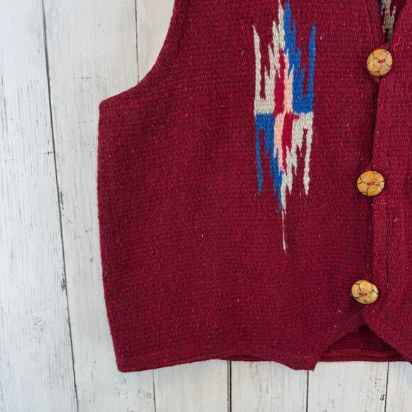 VTG Molina Red Wool Chimayo Handwoven Button Vest Mexico Navajo Size XL Unisex - Picture 5 of 16